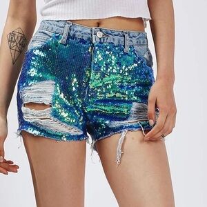 Topshop MOTO Ashley Ultimate Vintage Mid-Rise Blue Green Sequin Jean Shorts Sz 6